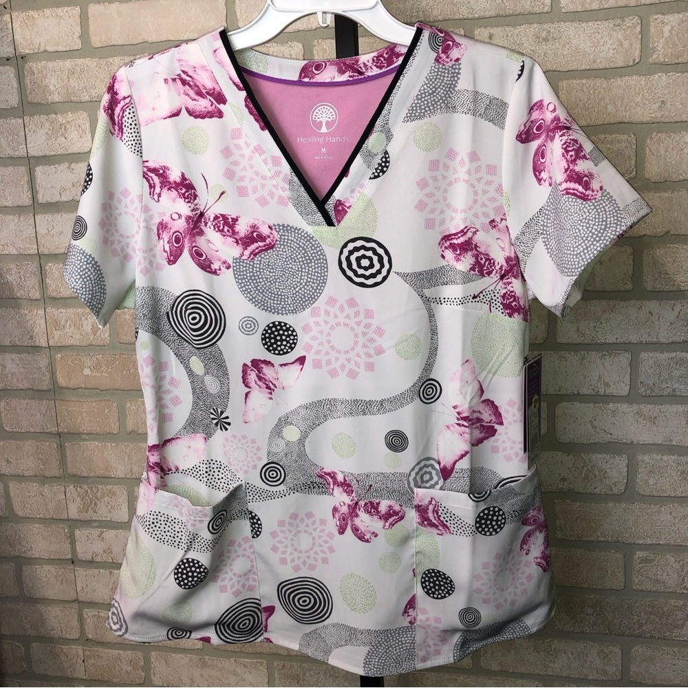 Healing Hands Purple Label Grosgrain Ribbon V-neck butterfly pattern scrub top